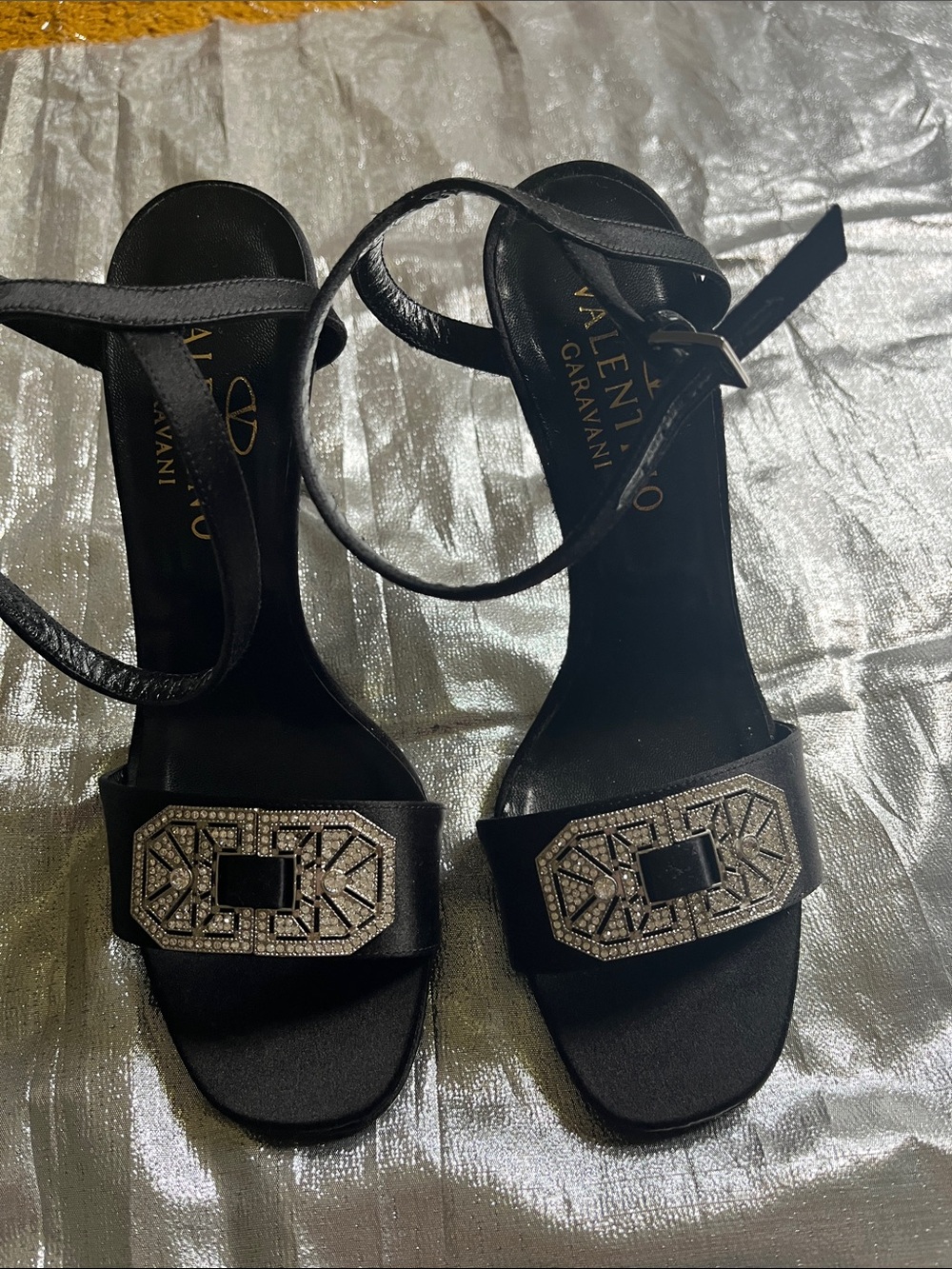 Gorgeous Valentino Garavani Black Satin Crystal-Buckle Ankle-Strap Sandals, 6.5